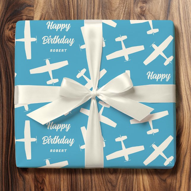 Happy Birthday Aircraft Retro Muster Name Blau Geschenkpapier (Von Creator hochgeladen)
