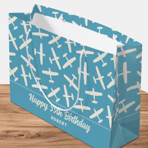Happy Birthday Aircraft Retro Muster Name Blau Große Geschenktüte