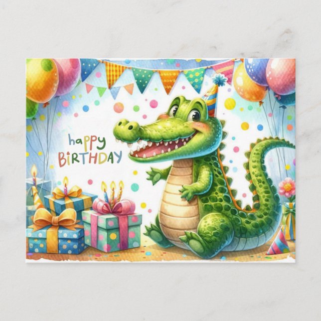 Happy Birthday Alligator Party Card Postkarte (Vorderseite)