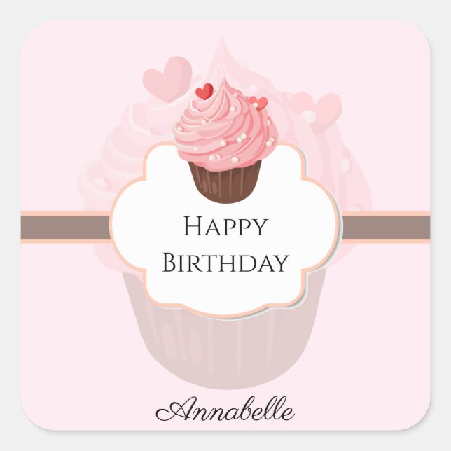 Happy Birthday | Angepasst | Cupcake Quadratischer Aufkleber (Vorderseite)