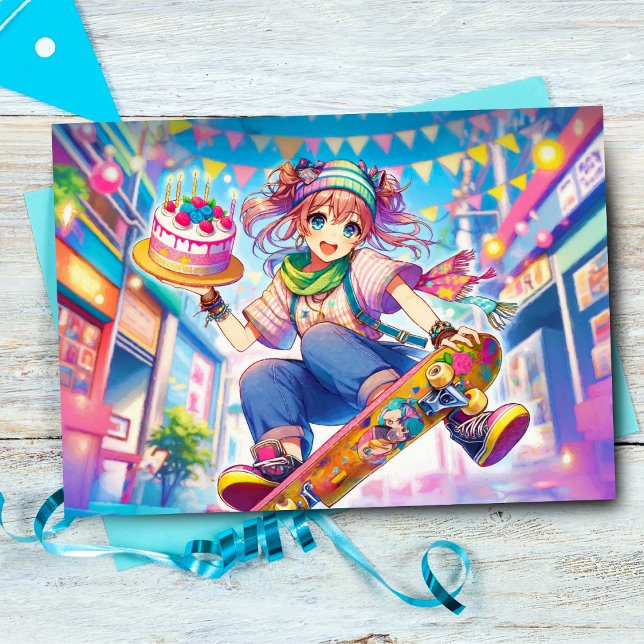 Happy Birthday Anime Girl auf Skateboard Karte (A anime birthday with skateboard girl! )