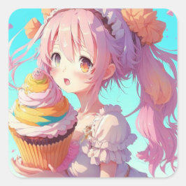 Happy Birthday Anime Girl mit Whimsical Cupcake Quadratischer Aufkleber