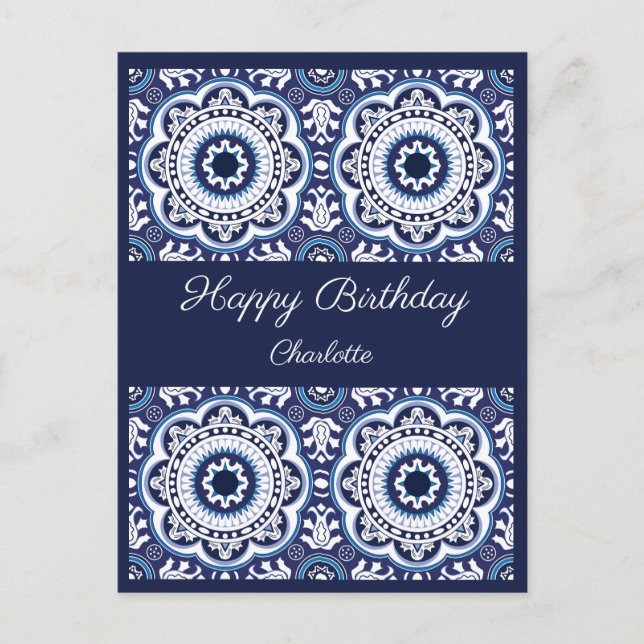 Happy Birthday anpassbare blaue Azulejos Postcard Postkarte (Vorderseite)