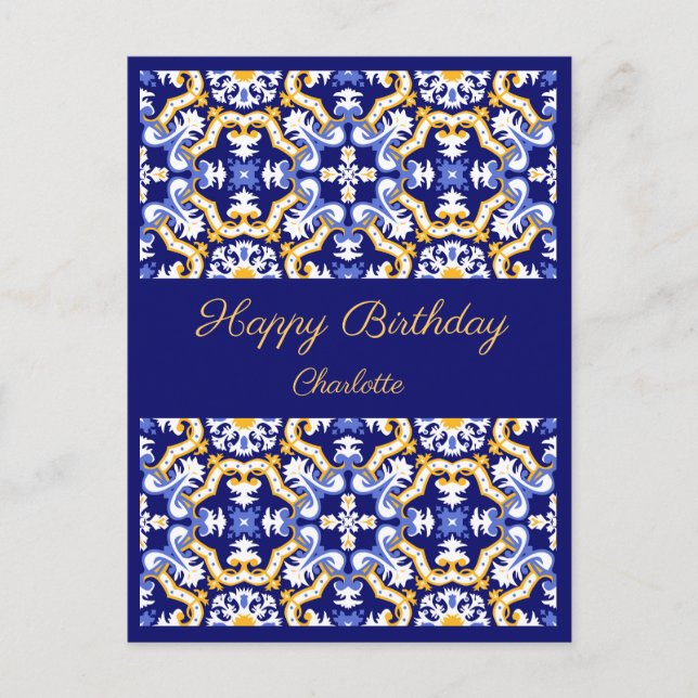 Happy Birthday anpassbare blaue Azulejos Postkarte (Vorderseite)