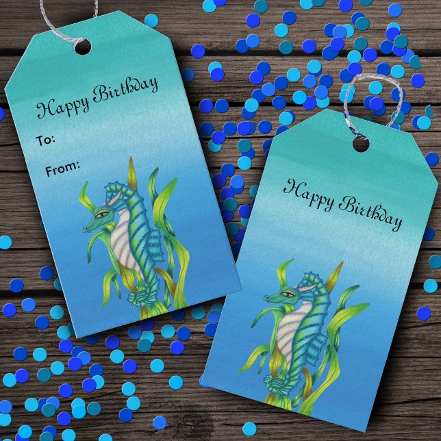 Happy Birthday Aqua Blue Sea Dragon Creature Geschenkanhänger (Fantasy sea dragon creature in seaweed on shades of watery blues Birthday gift tags.)