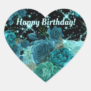 Happy Birthday   Aquamarine Rose mit Glitzer Aqua  Herz-Aufkleber