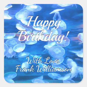 Happy Birthday Aquarium Jellyfish 0925 Quadratischer Aufkleber