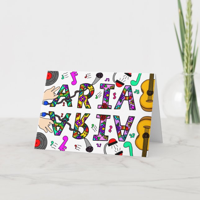 Happy Birthday Aria, Mädchenname whimsical Karte (Vorderseite)