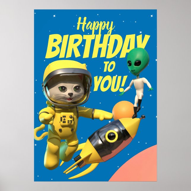 Happy Birthday Astronaut und Alien Fun Poster (Vorne)