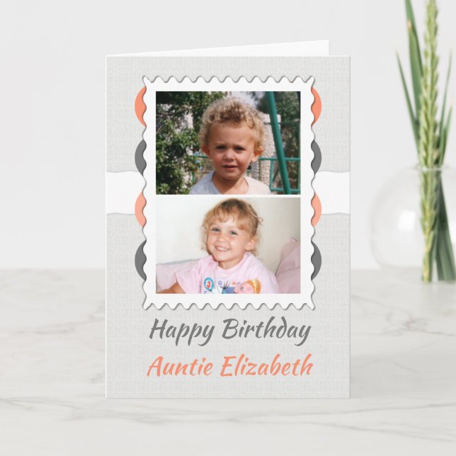Happy Birthday Auntie grau und Korallen Foto Karte (Vorderseite)