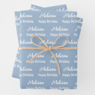 Happy Birthday Baby Blue and White Name Muster Geschenkpapier Set