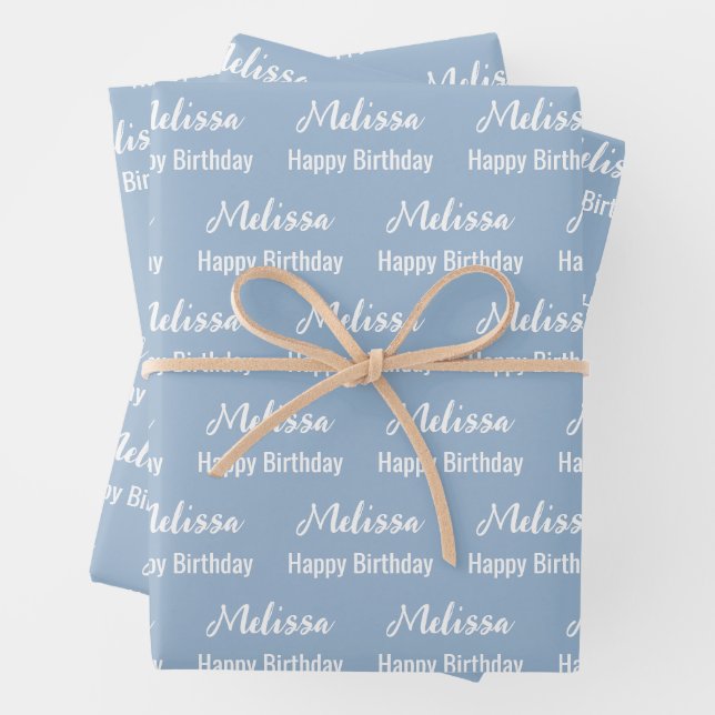 Happy Birthday Baby Blue and White Name Muster Geschenkpapier Set (Beispiel)