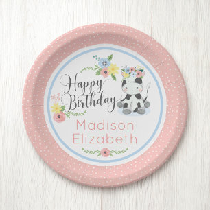 Happy Birthday Baby Cow Floral 1. Geburtstag Party Pappteller