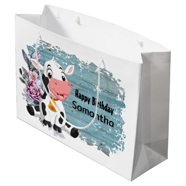 Happy Birthday Baby Cow Rustic Blue Große Geschenk Geschenktüte (Rückseite Schrägansicht)