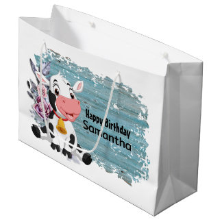 Happy Birthday Baby Cow Rustic Blue Große Geschenktüte