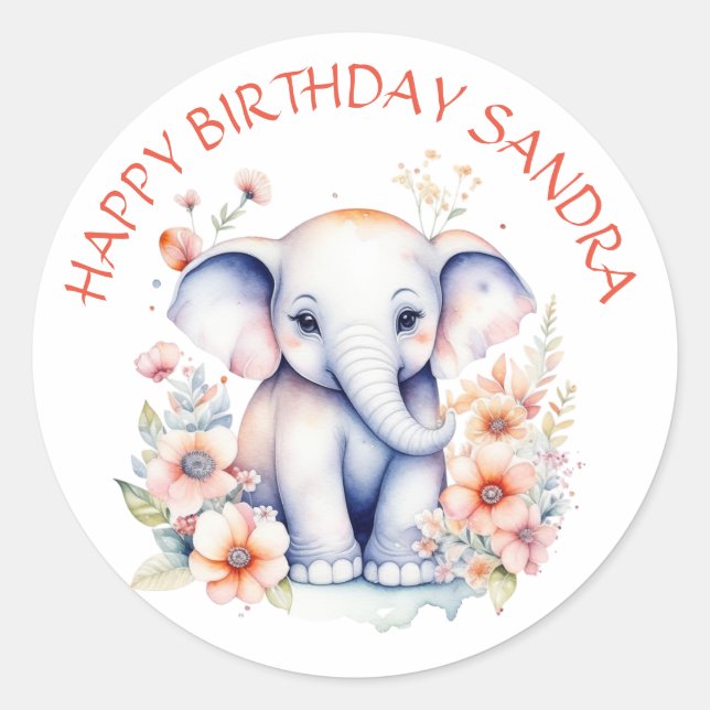 Happy Birthday Baby Elephant Personalisiert Runder Aufkleber (Vorderseite)
