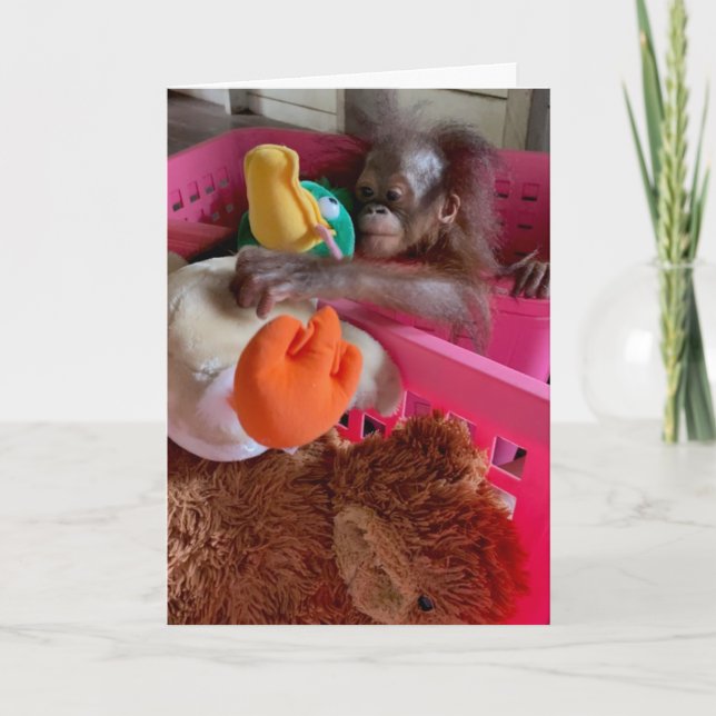 Happy Birthday Baby Orangutan Grabs Toys Karte (Vorderseite)