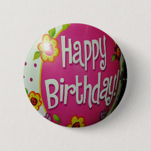 Happy Birthday Balloon mit Blume, Balloon Design Button