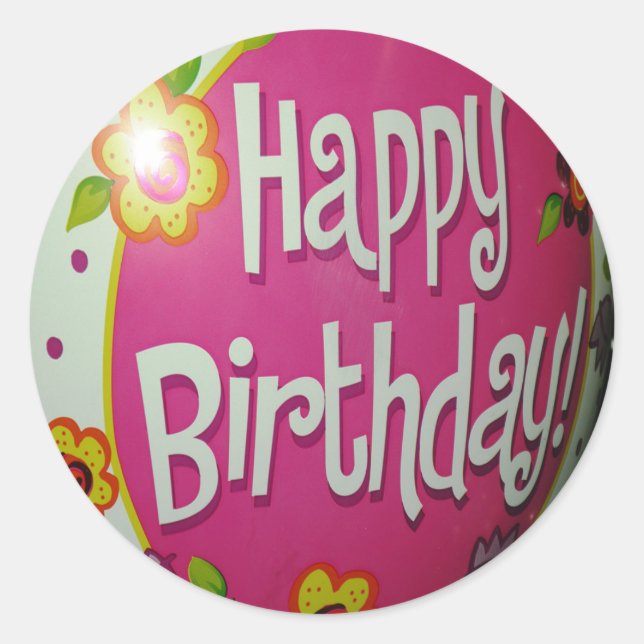Happy Birthday Balloon mit Blume, Balloon Design Runder Aufkleber (Vorderseite)