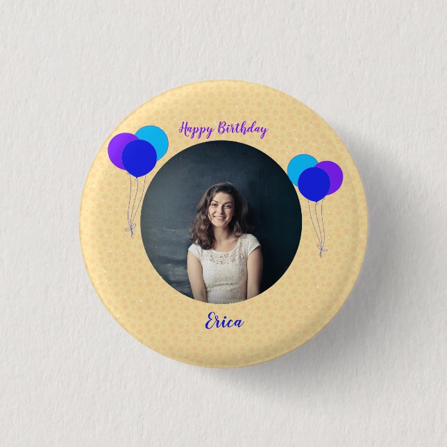 Happy Birthday Balloons Custom Foto and Text Button (Vorderseite)