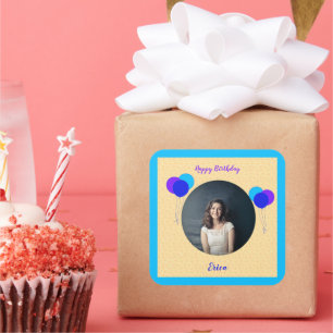 Happy Birthday Balloons Custom Foto and Text Quadratischer Aufkleber