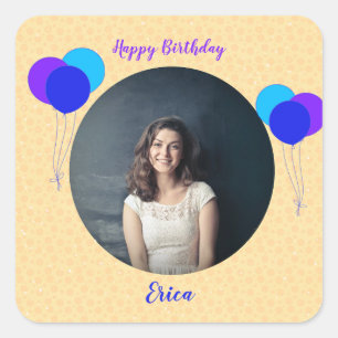 Happy Birthday Balloons Custom Foto and Text Quadratischer Aufkleber