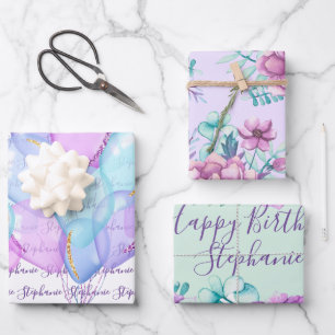 "Happy Birthday" Balloons Floral Lila Lavender Geschenkpapier Set