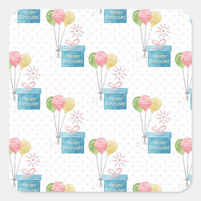 Happy Birthday Balloons Quadratischer Aufkleber (Vorderseite)