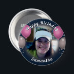 Happy Birthday Balloons und Foto Pink Button<br><div class="desc">Der gesamte Text ist einstellbar! Spaß Ballons und Konfetti Geburtstag ein Foto-Taste. Alle Kunstwerke von Valarie Wade entworfen.</div>