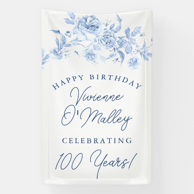 Happy Birthday Banner 100th Blue Floral Template (Vertikal)
