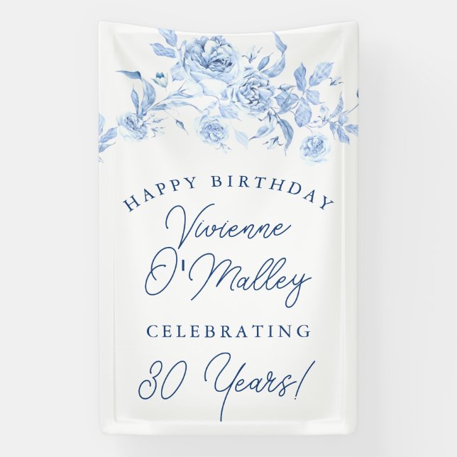 Happy Birthday Banner 30. Blue Floral Template (Vertikal)