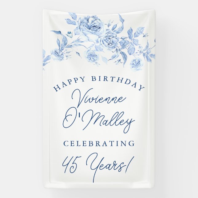 Happy Birthday Banner 45th Blue Floral Template (Vertikal)