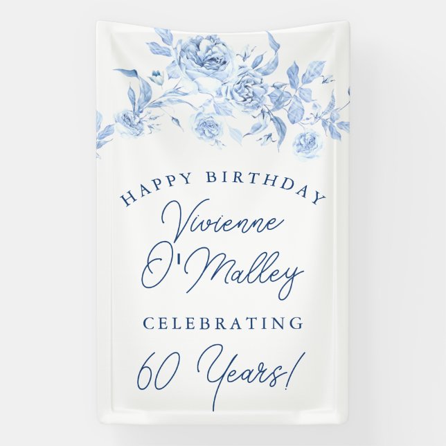 Happy Birthday Banner 60. Blue Floral Template (Vertikal)