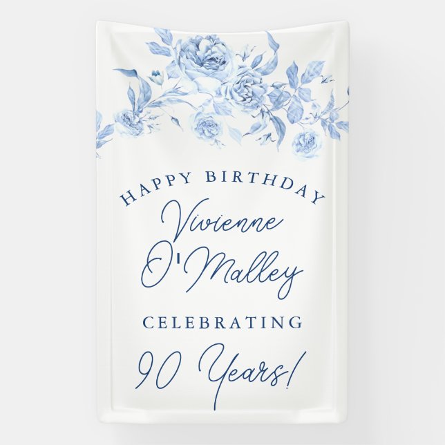 Happy Birthday Banner 90. Blue Floral Template (Vertikal)