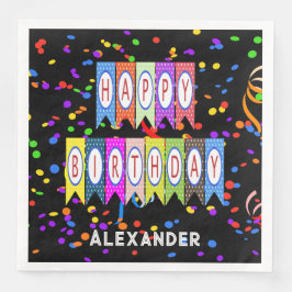 Happy Birthday Banner Confetti Black Name Party Serviette
