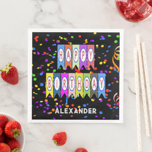 Happy Birthday Banner Confetti Black Name Party Serviette