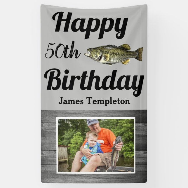 Happy Birthday Bass Fishing Foto Name Vater Banner (Vertikal)