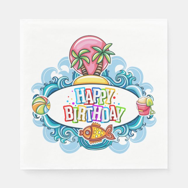 Happy Birthday Beach Fun Paper Napkin Serviette (Vorderseite)