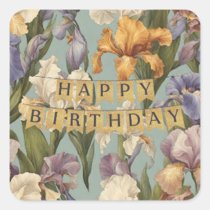 Happy Birthday Beautiful Iris Blume Blooms Quadratischer Aufkleber