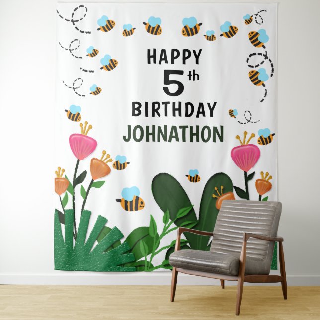 Happy Birthday Bees Blume Garten Hintergrund Wandteppich (Beispiel)
