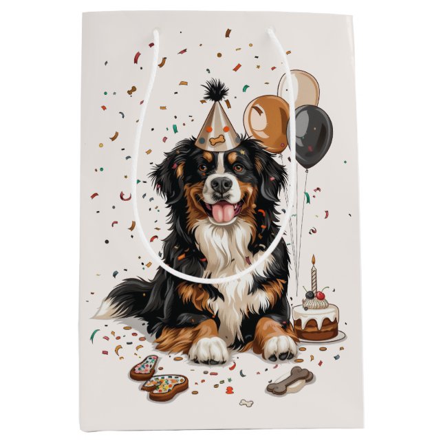 Happy Birthday Bernese Mountain Dog Mittlere Geschenktüte (Vorderseite)