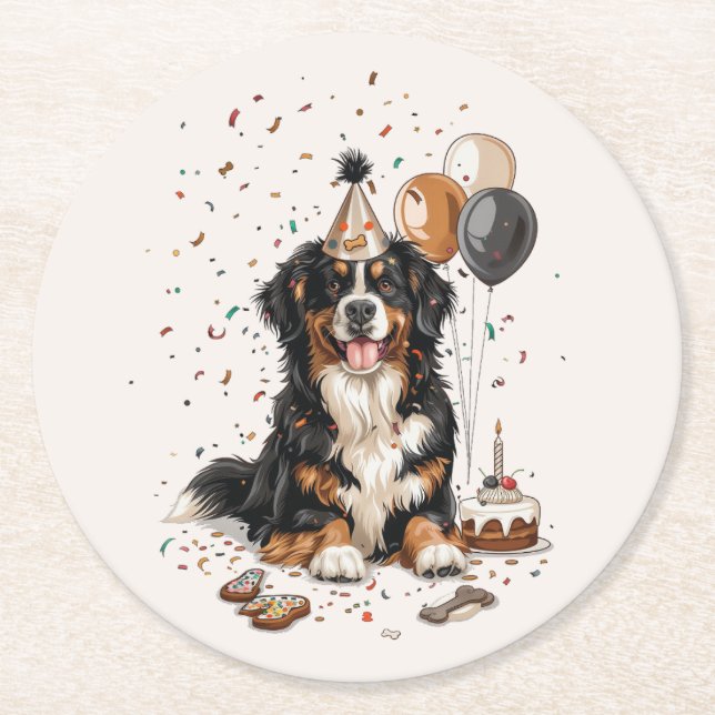 Happy Birthday Bernese Mountain Dog Runder Pappuntersetzer (Vorderseite)