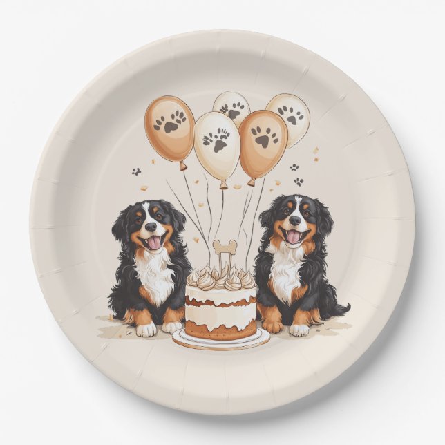 Happy Birthday Bernese Mountain Hunde Pappteller (Vorderseite)