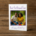 Happy Birthday Best Girlfriend Ever Foto Feiertagskarte<br><div class="desc">Feiern Sie mit dieser personalisierten Geburtstagskarte Ihr Lieblingsmädchen! Mit der Phrase "Beste Freundin je" in spielerischer Schrift über einem benutzerdefinierten Foto fügt dieses Design ihrem besonderen Tag eine süße und persönliche Touch hinzu. Die lila, individuell anpassbare Grenze und die passende "Happy Birthday"-Botschaft schaffen einen fröhlichen, romantischen Ton - perfekt für...</div>