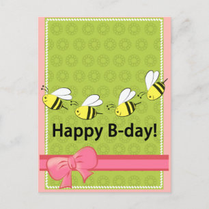 Happy Birthday Bienen B day pink green fun card Postkarte
