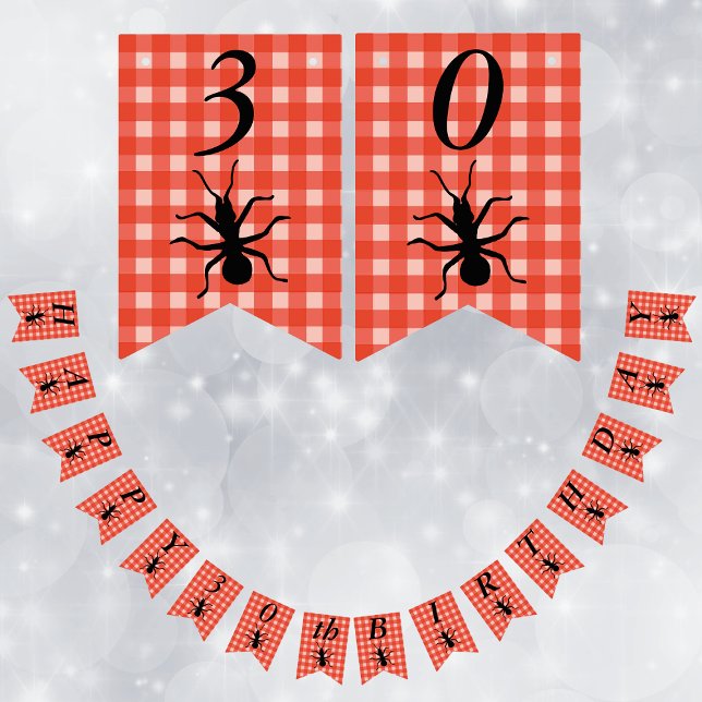 Happy Birthday Big Black Ant Red White Plaid Wimpelkette (Big Black creepy ants on red white picnic tablecloth plaid pattern on Happy Birthday flag banner.)