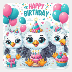Happy Birthday Birds Quadratischer Aufkleber
