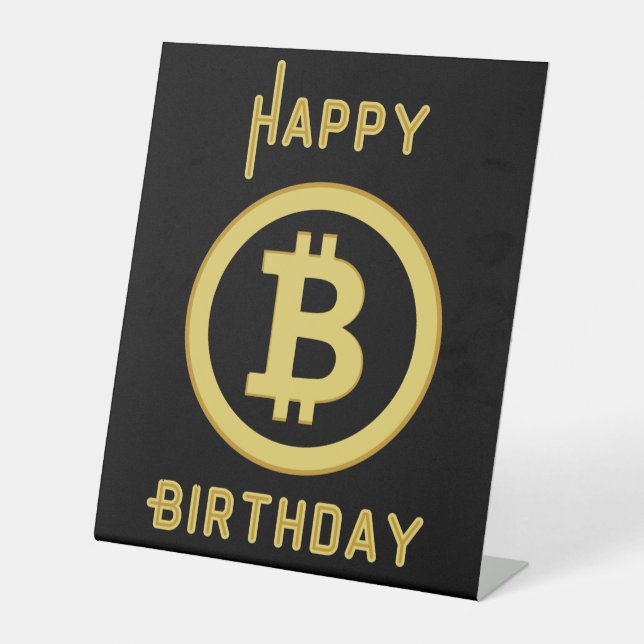 Happy Birthday Bitcoin Gold Pedestal Sign Sockelschild (Vorderseite)