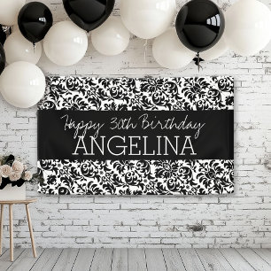 Happy Birthday Black and White Damask - Text Banner