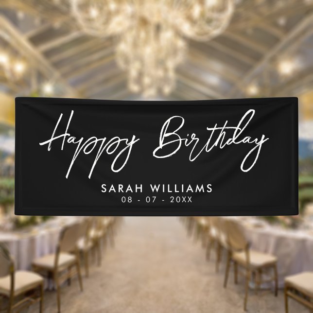 Happy Birthday Black and White Modern Script Banner (Von Creator hochgeladen)
